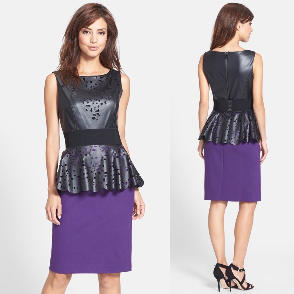 Nue by Shani Laser Cut Faux Leather Peplum Dress
